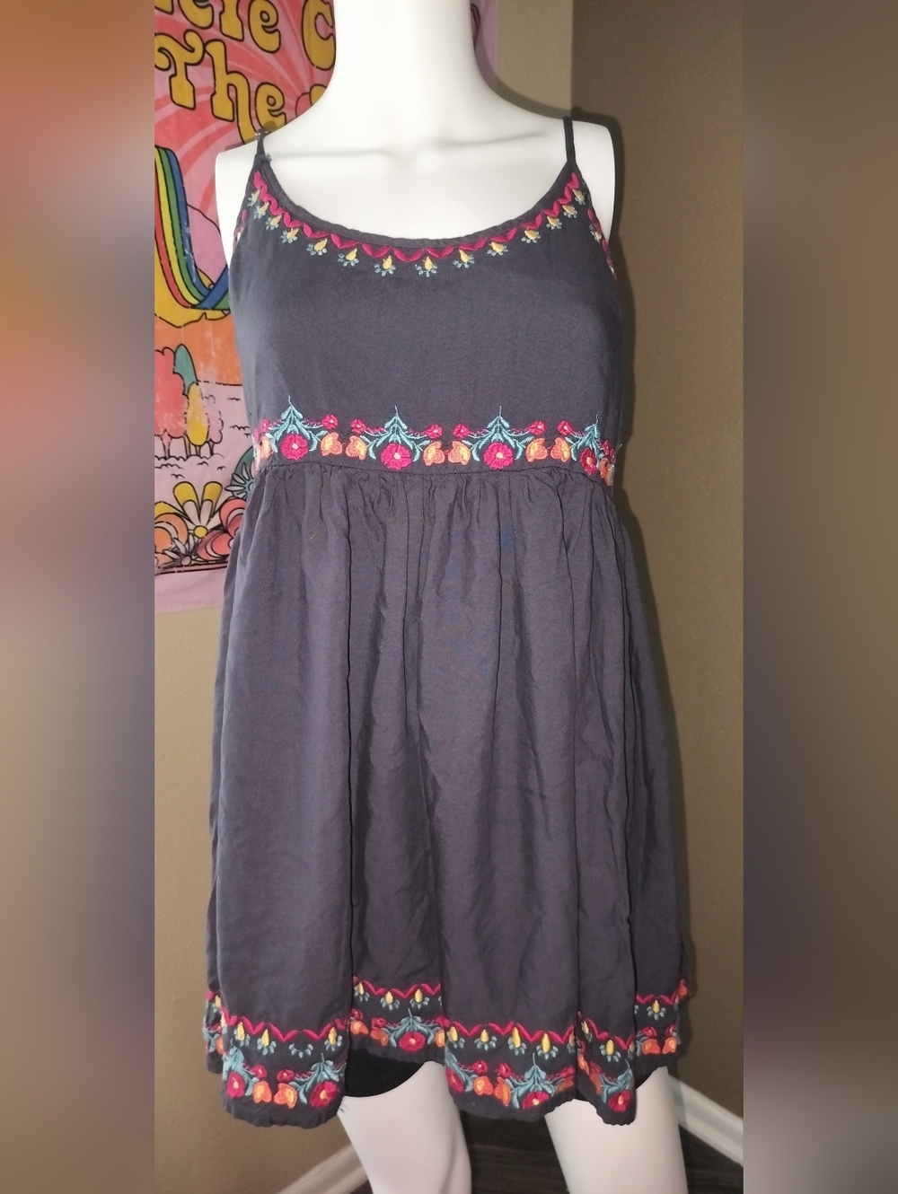 NATURAL LIFE Navy Sara Embroidered Spaghetti-Strap Mini Dress Sz S - Picture 2 of 8